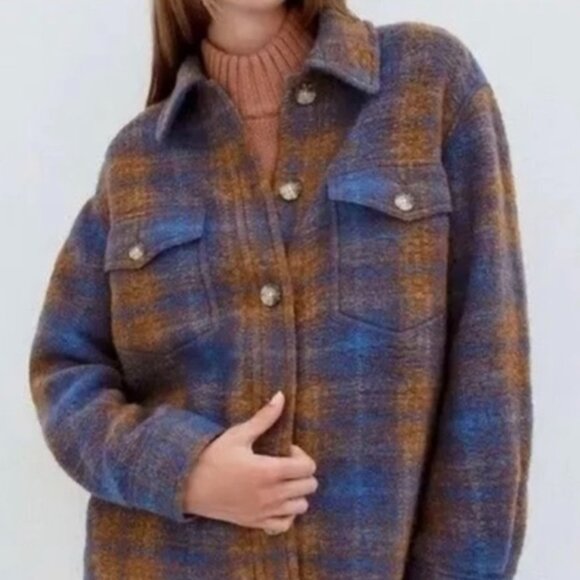 WILFRED FREE THE GANNA BROWN BLUE PLAID WOOL BUTTON SHACKET S - Picture 1 of 3